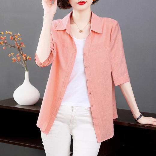 短袖衬衫女上衣纯棉2025夏季女式新款薄款衬衣七分袖休闲女士外套 商品图0