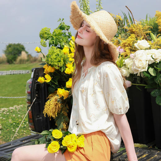 【100棉】三彩2026夏季新款印花绣花小衫宽松系带娃娃衫上衣M 商品图3