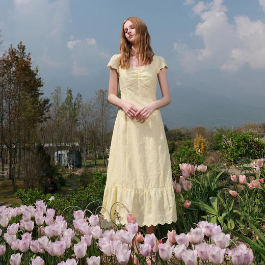 【100棉】三彩2026夏季新款刺绣连衣裙泡泡袖法式茶歇裙长裙M 商品图3