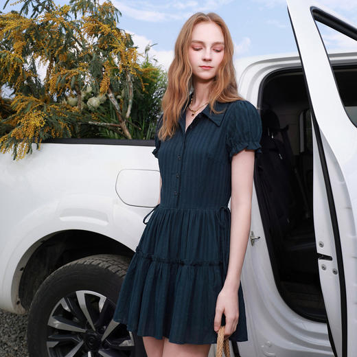 【100棉】三彩2026夏季新款提花连衣裙翻领收腰A字裙短裙M 商品图1