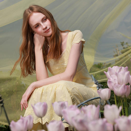 【100棉】三彩2026夏季新款刺绣连衣裙泡泡袖法式茶歇裙长裙M 商品图2