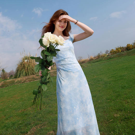 三彩2026夏季新款雪纺裙海洋印花连衣裙收腰A字裙长裙M 商品图1