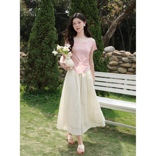 鹿向南「粉屿星眠」粉色圆领短袖T恤夏季新款显瘦百搭气质上衣女 商品图1