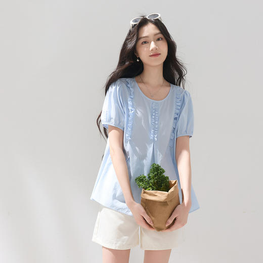 三彩2026夏季新款木耳边圆领泡泡袖小衫宽松娃娃衫清新上衣M 商品图2