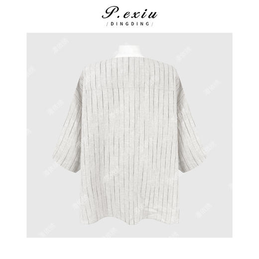 PanYiXiu/潘依绣100%亚麻松弛感撞色竖条纹宽松显瘦圆领短袖衬衫 W-63862 商品图1