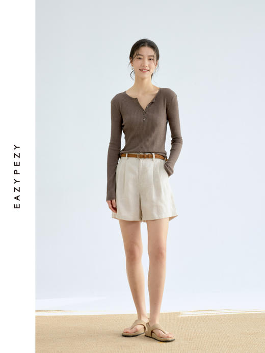 亚麻棉精纺修身亨利V领长袖针织衫 商品图1