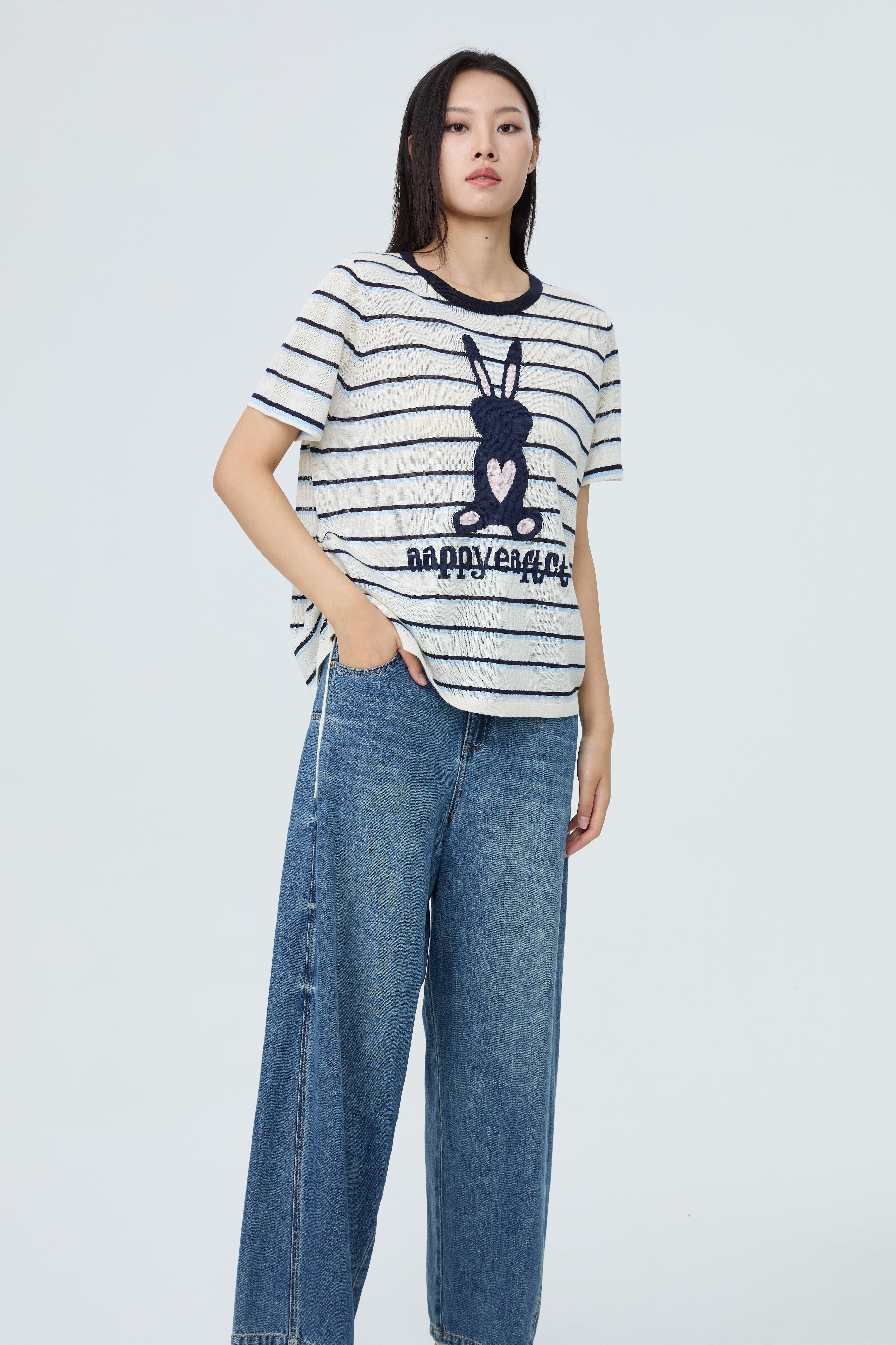 【线下爆款~】水淼2026夏新款条纹兔子抽绳薄衫2514