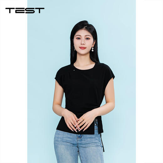 夏上新侧边抽绳收腰短袖修身显瘦设计感T恤1262044 商品图0
