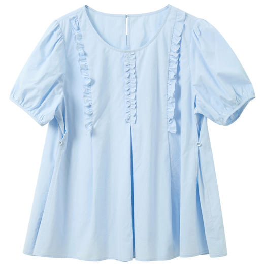 三彩2026夏季新款木耳边圆领泡泡袖小衫宽松娃娃衫清新上衣M 商品图4