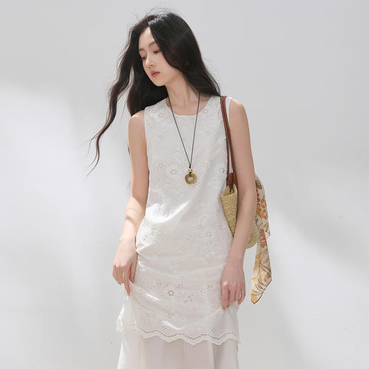 【100棉】三彩2026夏季新款假两件连衣裙绣花无袖长裙M 商品图3