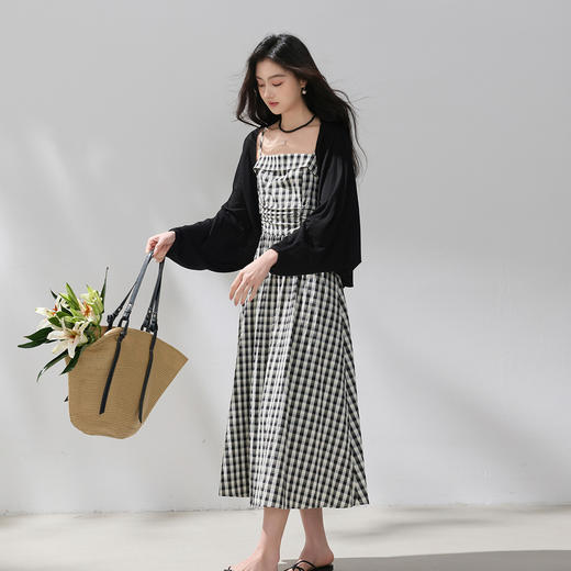三彩2026夏季新款格纹吊带裙无袖收腰A字裙法式长裙M 商品图3