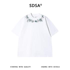 SDSA男装2026新款高贵轻奢简约领口刺绣植物花卉圆领短袖T恤百搭