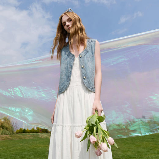 【100棉】三彩2026夏季新款绣花短外套牛仔马甲叠穿开衫圆领M 商品图1