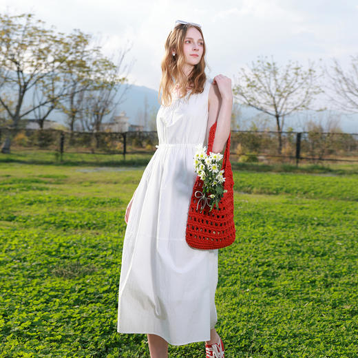 三彩2026夏季新款无袖连衣裙可调节收腰A字裙长裙M 商品图3