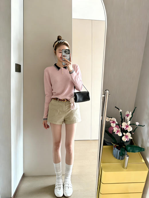 专柜实拍【山羊绒/羊毛！轻薄polo衫】拉夏贝尔/La Chapelle撞色翻领三扣设计修身弹力显瘦打底针织衫 商品图5