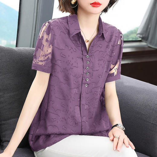雪纺衬衫女短袖夏季大码女装宽松遮肚子洋气中袖上衣新款衬衣薄款 商品图3