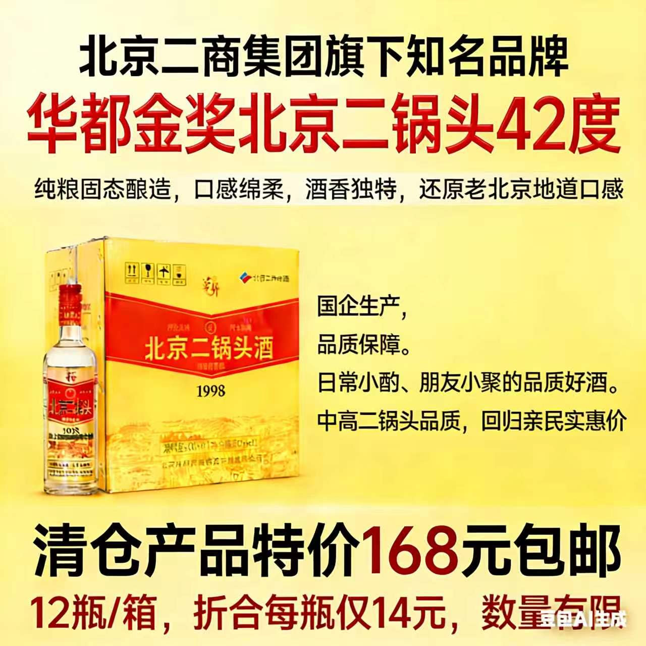 华都金奖北京二锅头（不指定颜色，随机）42度500ml*12瓶整箱装