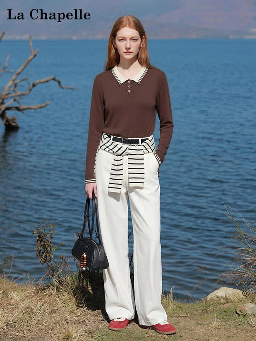 专柜实拍【山羊绒/羊毛！轻薄polo衫】拉夏贝尔/La Chapelle撞色翻领三扣设计修身弹力显瘦打底针织衫 商品图7