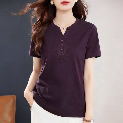 半开襟短袖T恤女夏2026新款大码遮肚藏肉宽松显瘦百搭微胖mm上衣 商品图1