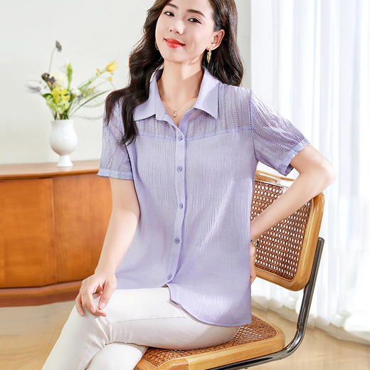 天丝女士短袖衬衫夏季薄款2025新款休闲大码宽松遮肉雪纺衬衣减龄 商品图0