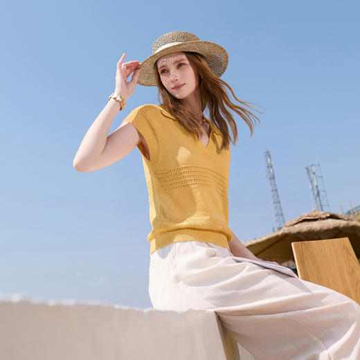 三彩2026夏季新款镂空肌理针织衫Polo领毛衫简约气质上衣M 商品图3