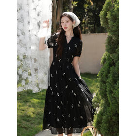 鹿向南「雾漫山野」黑色短袖连衣裙女夏新款修身时尚印花A字长裙
