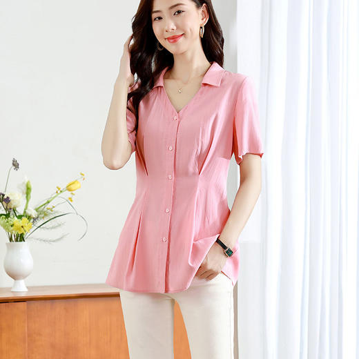 大码宽松遮肚子雪纺衫女2026年夏季新款短袖翻领衬衫女士收腰上衣 商品图3