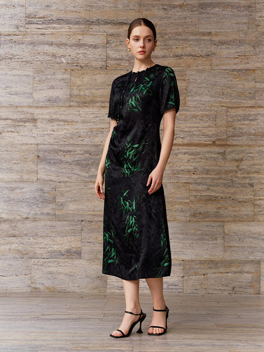 【国风竹叶印花真丝裙】26年春夏新品女士桑蚕丝中长款印花连衣裙 商品图2