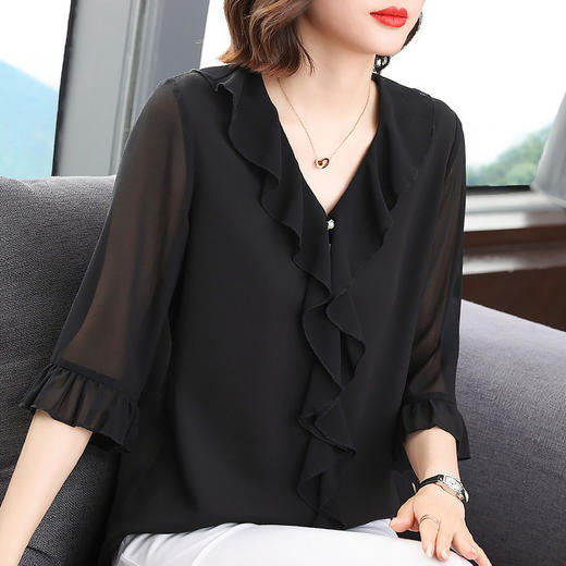 2026新款春季大码雪纺衫女衬衫时尚气质荷叶边小衫女士七分袖衬衣 商品图2