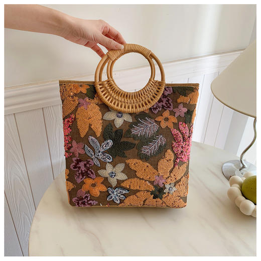 东方美学【新中式国风竹节刺绣手提包包】竹节造型手柄 帆布亚麻刺绣基底  选用高克重天然帆布织物 商品图8