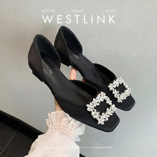 西遇水钻浅口单鞋女2026夏季新款方形扣粗跟百搭通勤方头中空凉鞋V0666395 商品图1