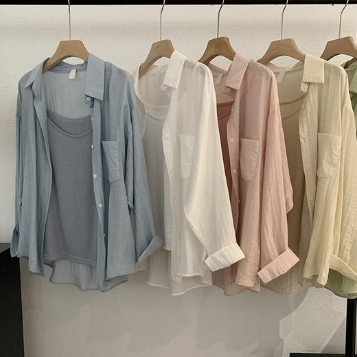 【宽松版型舒适、纯色设计百搭】夏季薄款翻领长袖纯色宽松衬衫吊带上衣TA 商品图0