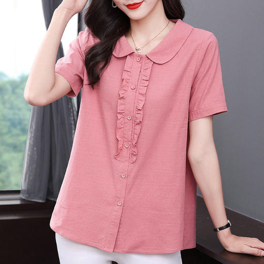 女士短袖衬衫棉麻大码遮肚子2026新款休闲衬衣夏季宽松娃娃领上衣 商品图2