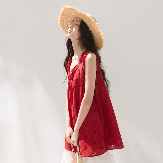 【100棉】三彩2026夏季新款镂空绣花小衫宽松系带娃娃衫上衣M 商品图3