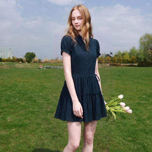 【100棉】三彩2026夏季新款提花连衣裙翻领收腰A字裙短裙M 商品图3