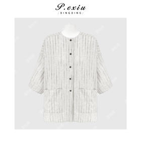PanYiXiu/潘依绣100%亚麻松弛感撞色竖条纹宽松显瘦圆领短袖衬衫 W-63862