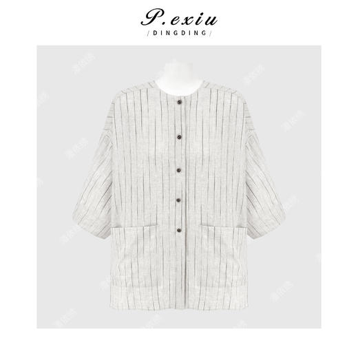 PanYiXiu/潘依绣100%亚麻松弛感撞色竖条纹宽松显瘦圆领短袖衬衫 W-63862 商品图0