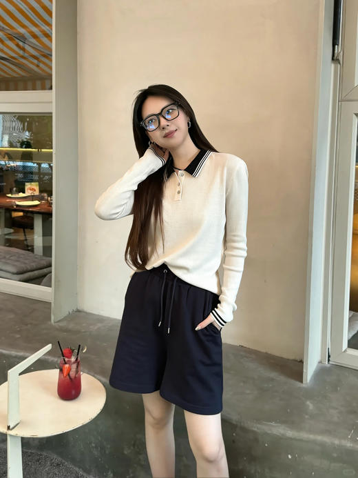 专柜实拍【山羊绒/羊毛！轻薄polo衫】拉夏贝尔/La Chapelle撞色翻领三扣设计修身弹力显瘦打底针织衫 商品图2