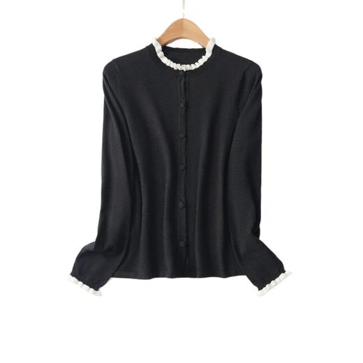 「自」全新升级【铂金会员146/天猫199/差价53】(15355)洛诗琳气质撞色薄款针织开衫2026新款木耳边长袖百搭外套 商品图4