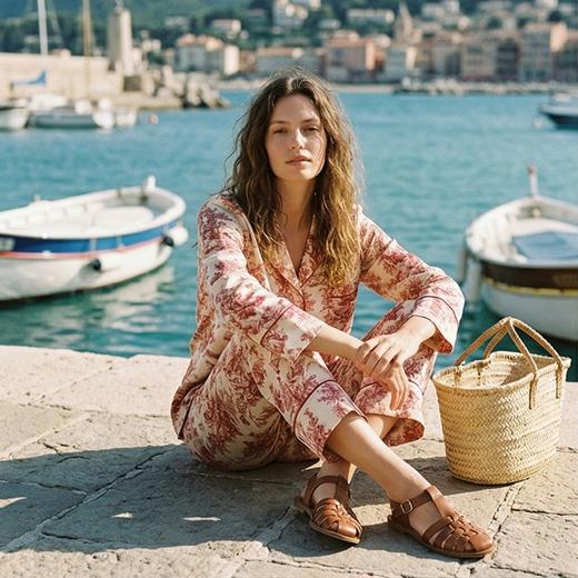 南法SJD/soie jardin3#晚红丝绸睡衣原创印花真桑蚕丝家居服长袖长裤套装S302TC78 商品图1