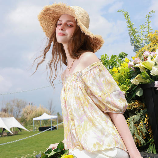 三彩2026夏季新款印花小衫宽松娃娃衫泡泡袖方领套头上衣M 商品图2