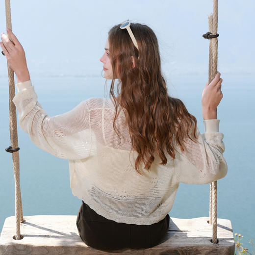 【莱赛尔】三彩2026夏季新款蝙蝠袖针织衫钩花罩衫小开衫外穿M 商品图3