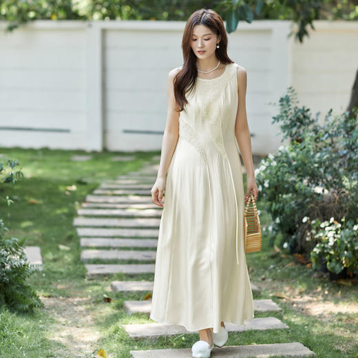 【林栖设计小店】【林栖推荐】新品夏法式复古蕾丝拼接缎面无袖连衣裙N1962236 商品图0