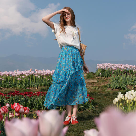 三彩2026夏季新款高腰半身裙印花荷叶边雪纺裙长裙A字裙显瘦M 商品图3