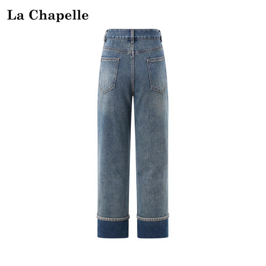 天猫同步【时髦卷边！】拉夏贝尔/La Chapelle梨型显瘦高腰一粒扣裤袢卷边设计棉质九分直筒百搭牛仔裤 商品图1