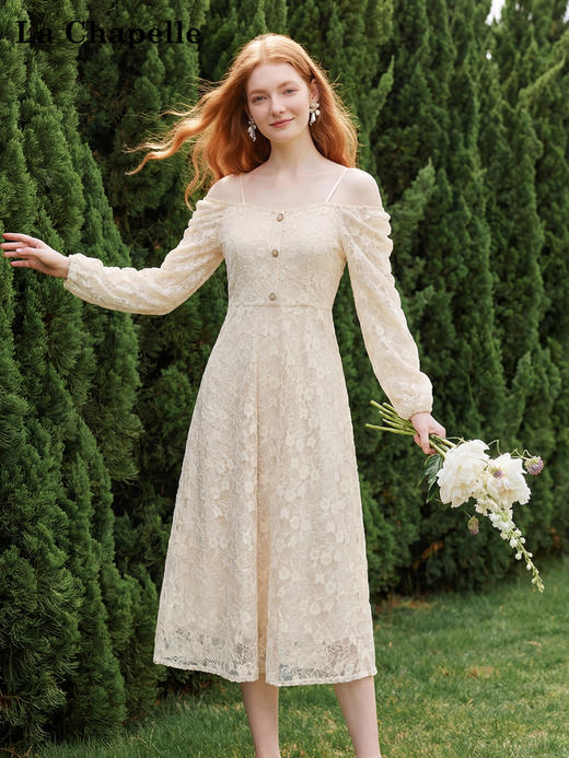 天猫同步【两穿！法式浪漫】拉夏贝尔/La Chapelle方领两穿长袖连衣裙温柔甜美法式少女仙女裙小礼服 商品图0