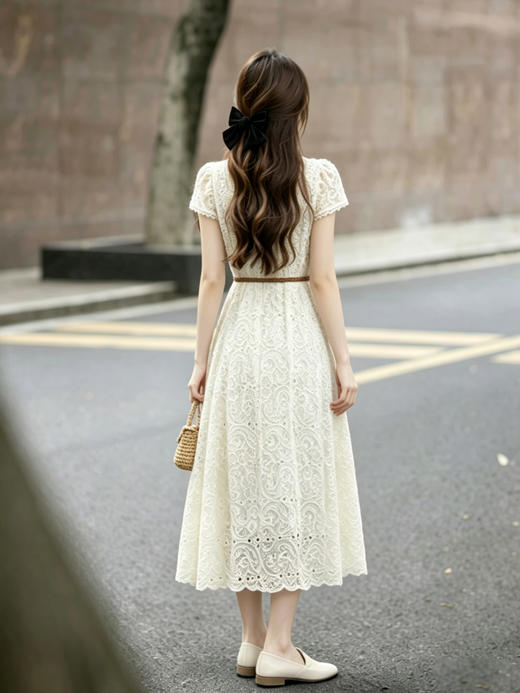 【百图lulu定制】【南法连衣裙】重工蕾丝 刺绣 V 领带腰带 短袖连衣裙 商品图5