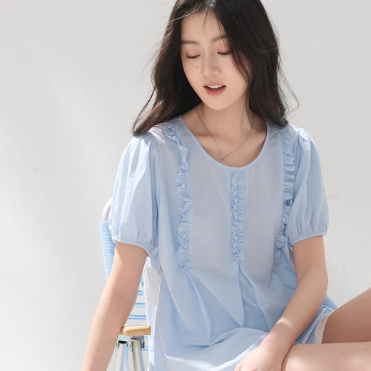 三彩2026夏季新款木耳边圆领泡泡袖小衫宽松娃娃衫清新上衣M 商品图3