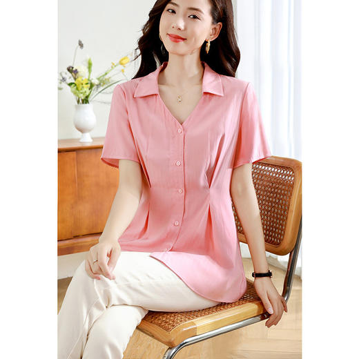 大码宽松遮肚子雪纺衫女2026年夏季新款短袖翻领衬衫女士收腰上衣 商品图1