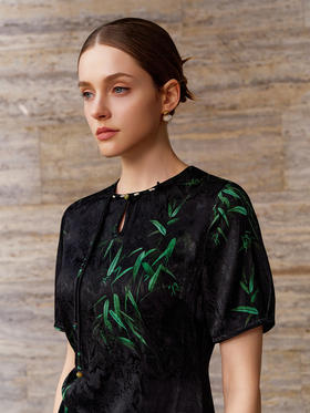 【国风竹叶印花真丝裙】26年春夏新品女士桑蚕丝中长款印花连衣裙